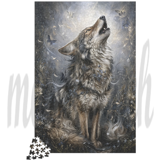 A jigsaw puzzle featuring a dramatic illustration of a howling wolf in a dark, misty forest with butterflies and small flowers. The puzzle is shown against a white background with a small pile of loose puzzle pieces at the bottom left.