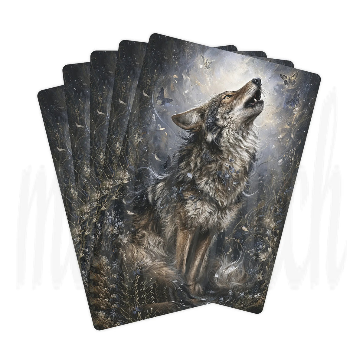 A fan of illustrated cards showing a detailed fantasy artwork of a howling wolf surrounded by mist, flowers, and small birds on a dark background.