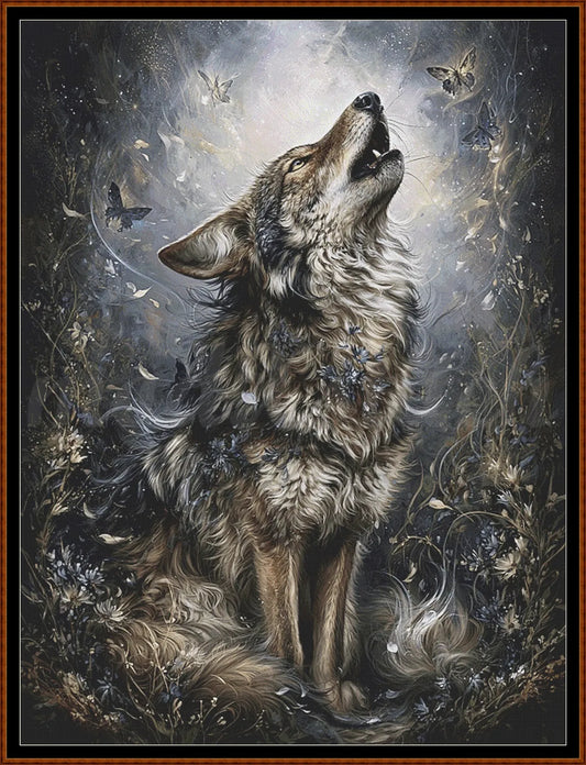 A detailed fantasy-style artwork of a howling wolf surrounded by butterflies, flowers, and misty light, framed by a dark brown border.
