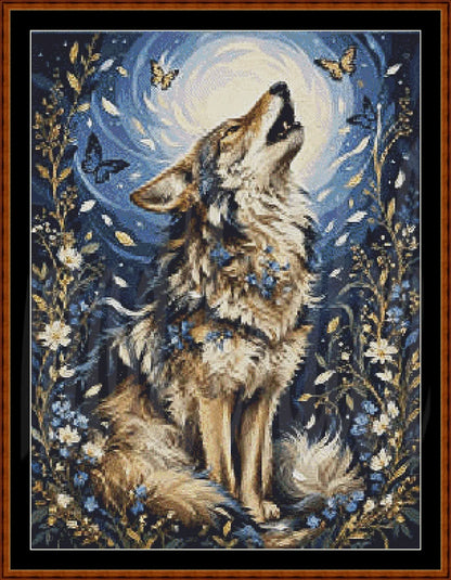 A framed needlepoint or cross-stitch style artwork showing a howling wolf centered against a swirling blue and white moonlit background, surrounded by butterflies, flowers, and foliage, with a brown wooden frame.