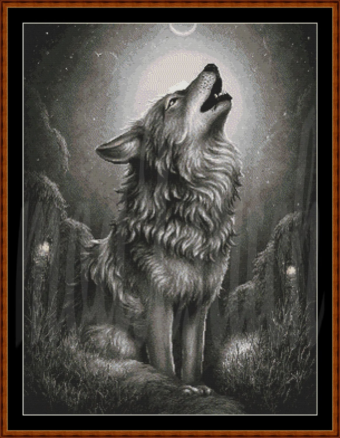 A framed black and white artwork depicting a howling wolf in a misty forest under a full moon, surrounded by a dark brown wood frame and white mat border.