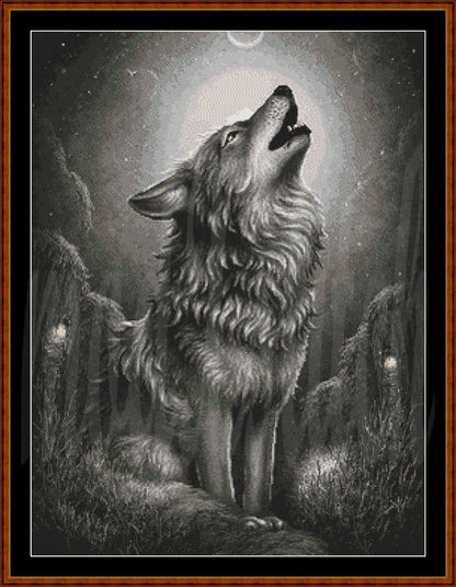 A framed black and white artwork depicting a howling wolf in a misty forest under a full moon, surrounded by a dark brown wood frame and white mat border.