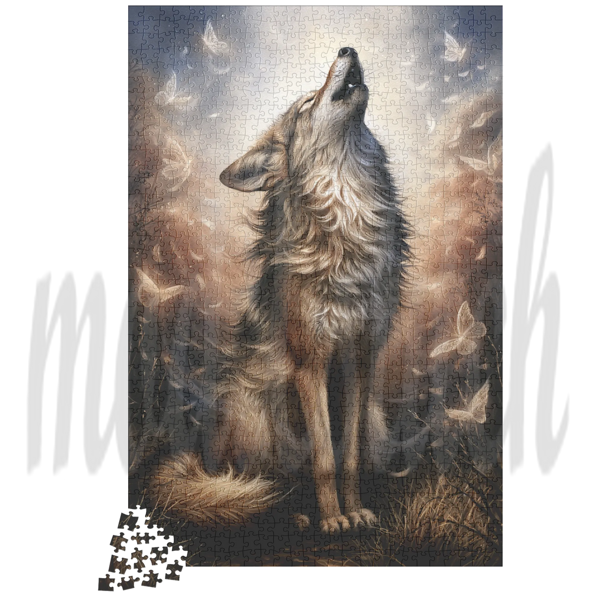A jigsaw puzzle showing a howling wolf surrounded by butterflies, with a small pile of loose puzzle pieces at the bottom left, set against a white background with a faint watermark.
