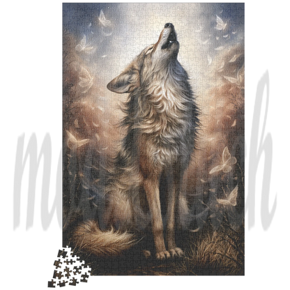 A jigsaw puzzle showing a howling wolf surrounded by butterflies, with a small pile of loose puzzle pieces at the bottom left, set against a white background with a faint watermark.