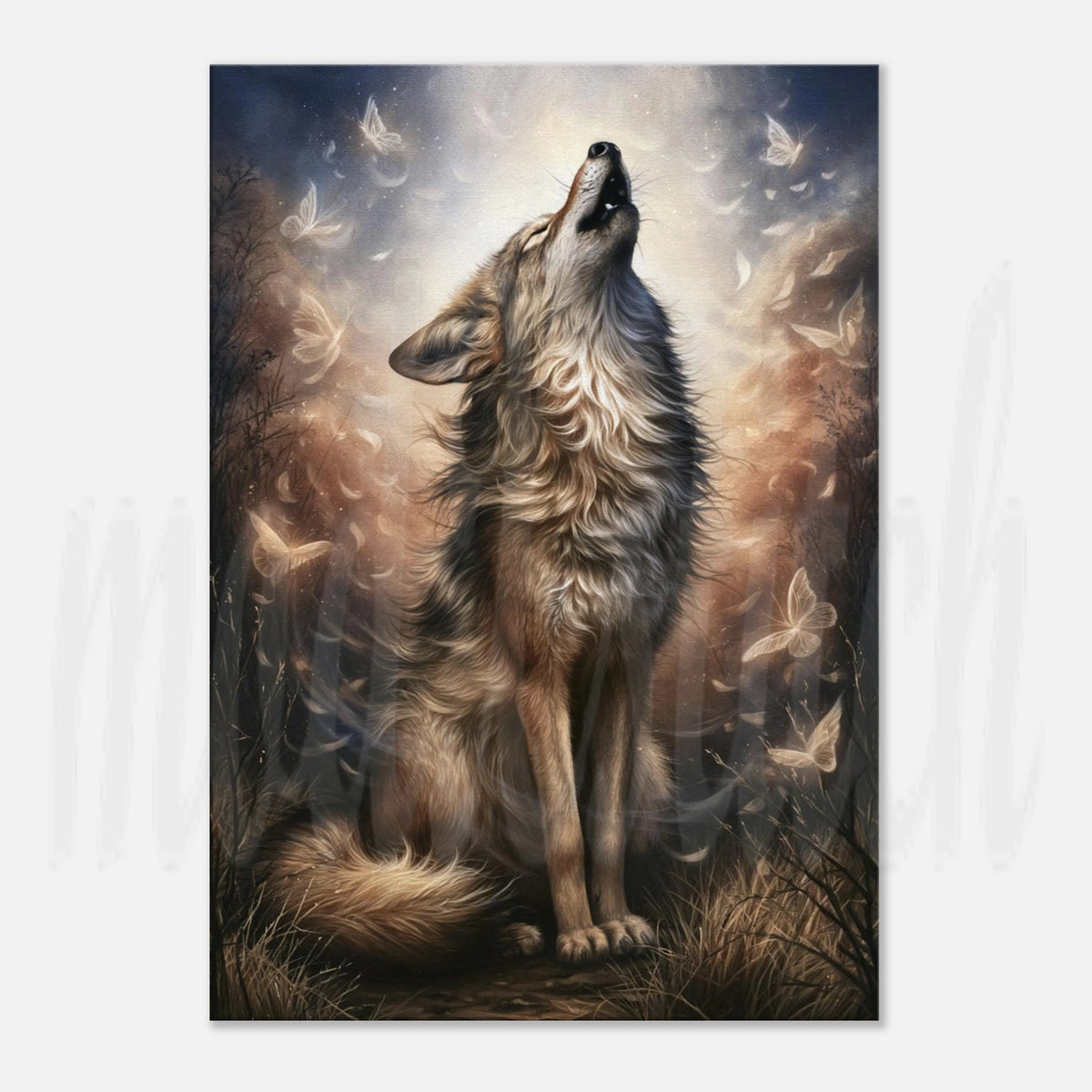 A vertical art print depicting a large wolf howling upward in a misty forest, surrounded by glowing butterflies and a soft light source behind its head. The artwork fills most of the frame and is shown against a light gray background.