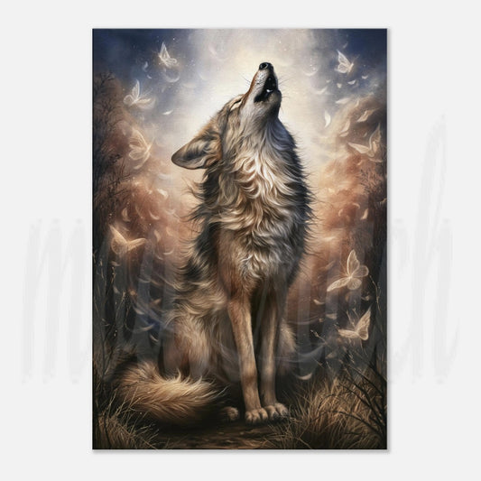 A vertical art print depicting a large wolf howling upward in a misty forest, surrounded by glowing butterflies and a soft light source behind its head. The artwork fills most of the frame and is shown against a light gray background.