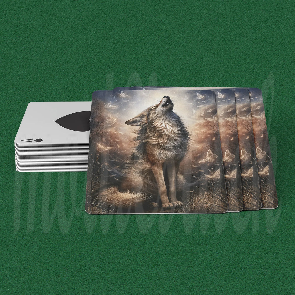 A deck of illustrated playing cards displayed on a green felt-like surface, with one card face-up showing a howling wolf and the rest fanned behind it. The back of another card is visible on the left, showing a black spade and Ace of hearts design.