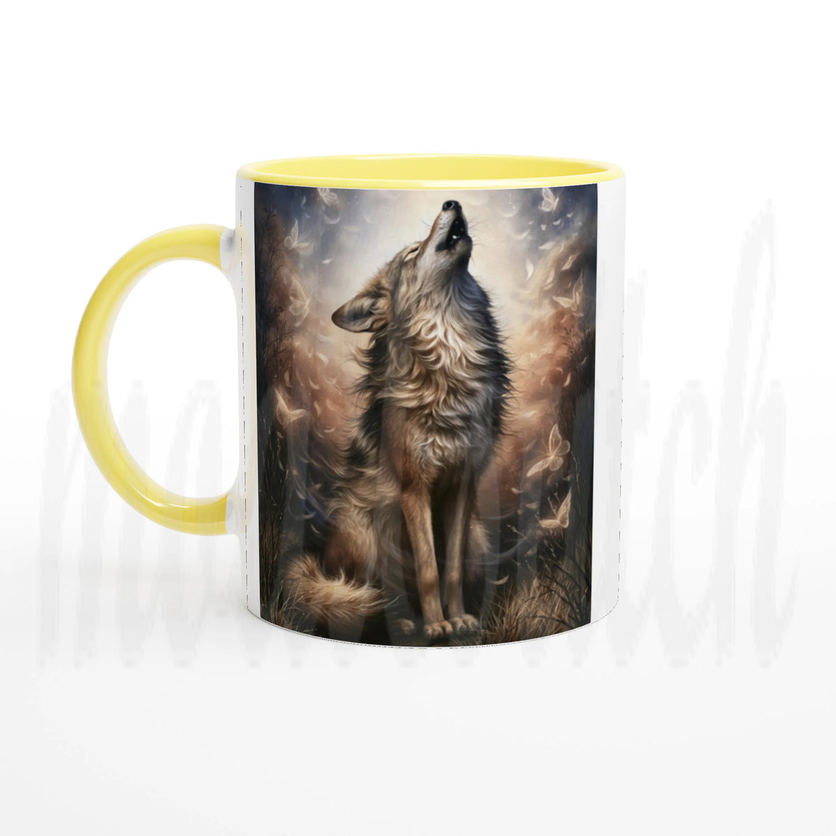 A ceramic mug with a yellow handle and yellow interior, featuring a printed graphic of a howling wolf surrounded by smoke and flames. The mug is shown against a white background with a faint watermark.