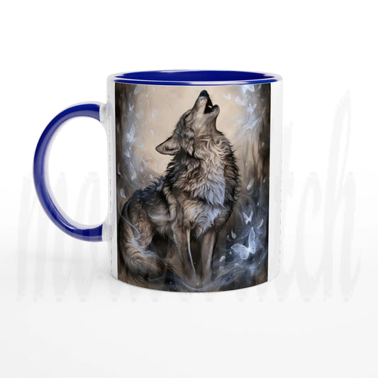 A ceramic mug with a dark blue handle and interior, featuring a printed graphic of a howling wolf in gray, brown, and white tones against a smoky background.