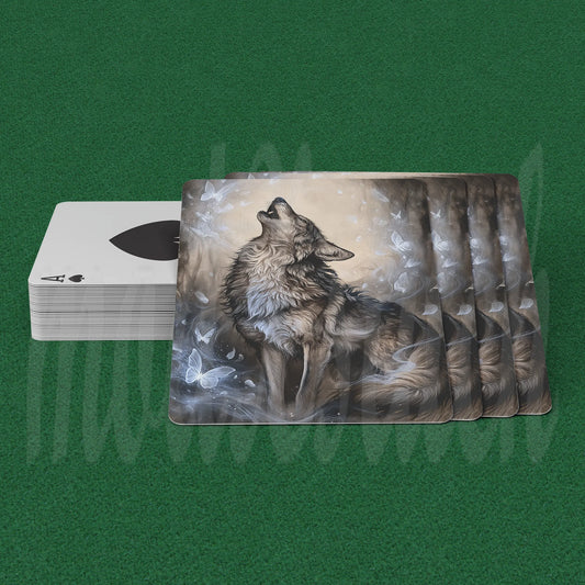 A custom playing card featuring an artistic illustration of a howling wolf amidst smoke, shown partially slid off a standard white Ace of Spades card on a green felt surface.