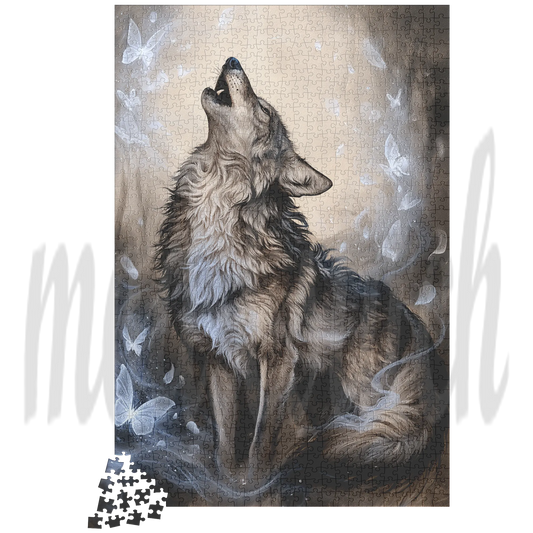 A jigsaw puzzle featuring an artistic illustration of a howling wolf surrounded by white butterflies on a textured beige background, shown with a small pile of loose puzzle pieces at the bottom left.