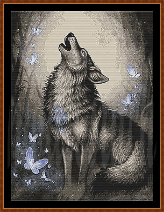 A framed art print depicting a howling gray wolf in a dark forest with light blue butterflies around it, set within a brown wooden frame.